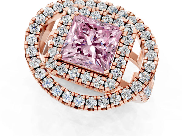 Rose Gold Princess Cut Halo Engagement Ring Setting for Fancy Pink Center - Design RJ-762