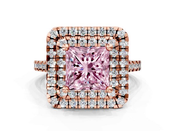 Rose gold Double Halo Fancy Pink Princess Cut Diamond Pavé Band with Four-Prong Setting