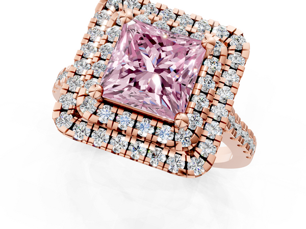 Rose gold Double Halo Fancy Pink Princess Cut Diamond Pavé Band with Four-Prong Setting