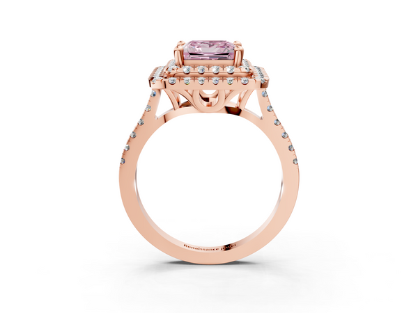 Rose gold Double Halo Fancy Pink Princess Cut Diamond Pavé Band with Four-Prong Setting