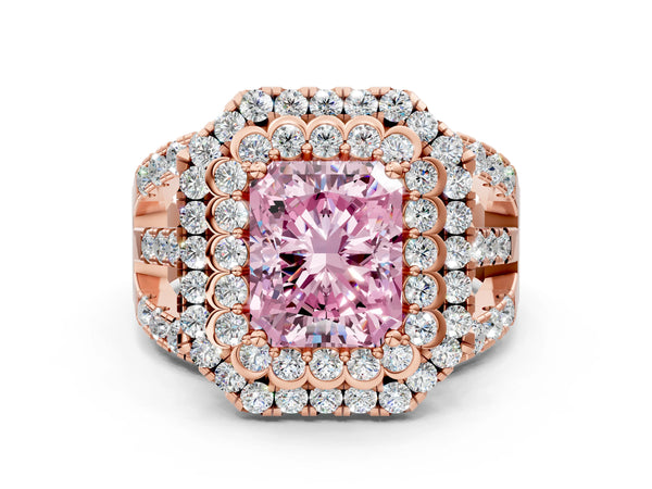Rose gold Double Halo Fancy Pink Radiant Cut Diamond Split Shank Pave Set Ring