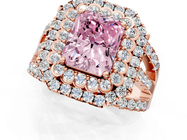 Rose gold Double Halo Fancy Pink Radiant Cut Diamond Split Shank Pave Set Ring