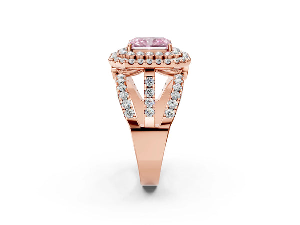 Rose gold Double Halo Fancy Pink Radiant Cut Diamond Split Shank Pave Set Ring