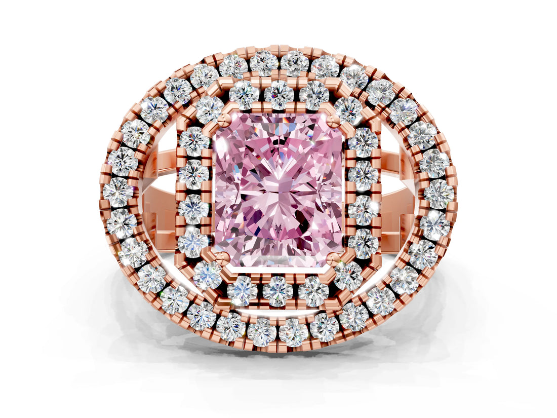 Rose gold Double Halo Fancy Pink Radiant Cut Diamond Split Shank Prong Setting Ring
