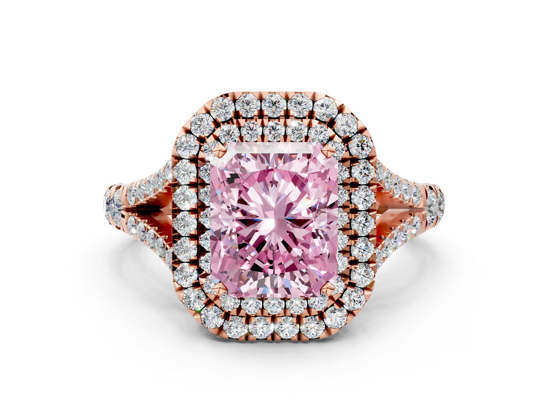 Rose gold Double Halo Fancy Pink Radiant  Cut Diamond Split Shank Ring with Four Prong Setting_20