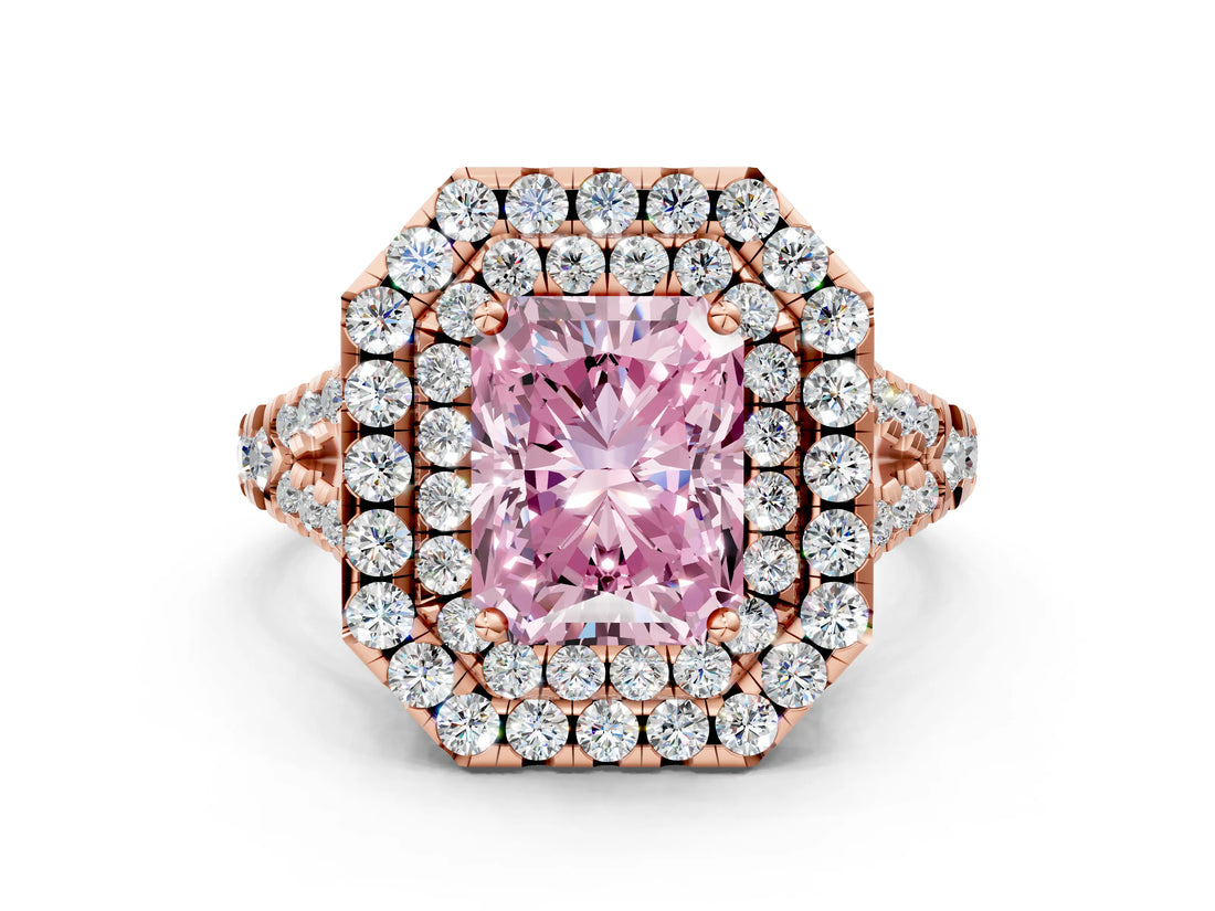 Rose gold Double Halo Fancy Pink Radiant  Cut Pave Split Shank Prong Set Ring_15