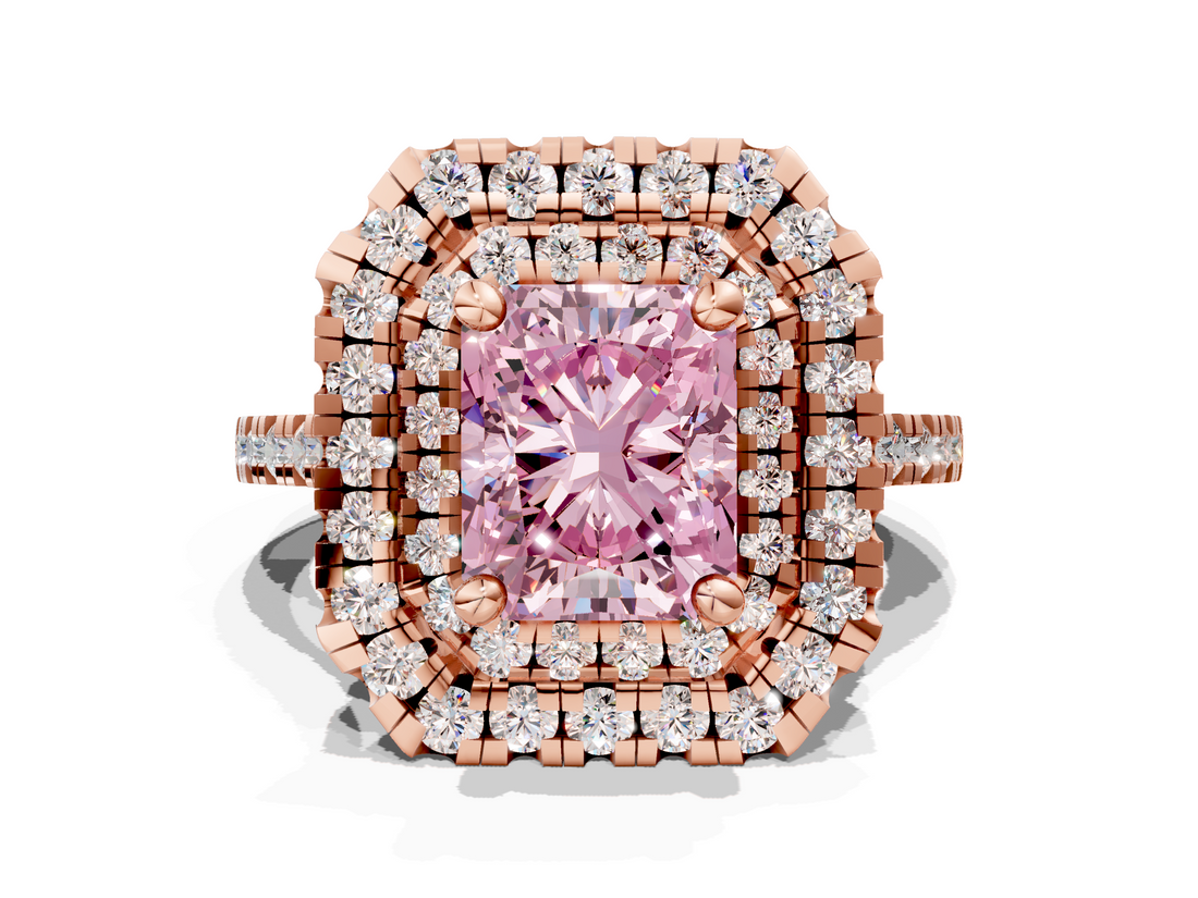 Rose gold Double Halo Fancy Pink Radiant  Diamond Pave Band with Four-Prong Setting_43