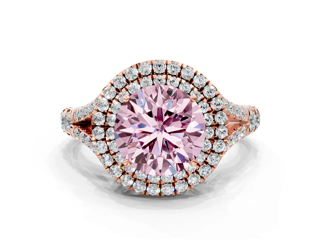 Rose gold Double Halo Fancy Pink Round Cut Diamond Split Shank Engagement Ring with Four-Prong Setting_3