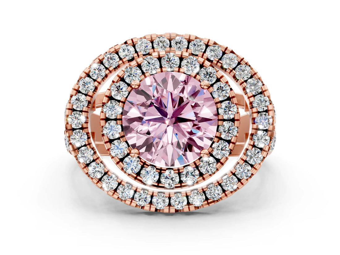 Rose gold Double Halo Fancy Pink Round Cut Diamond Split Shank Prong Setting Ring