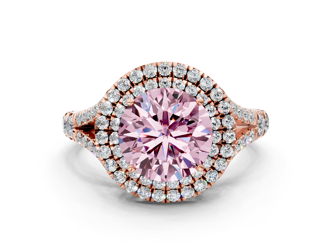 Rose gold Double Halo Fancy Pink Round  Cut Diamond Split Shank Ring with Four Prong Setting