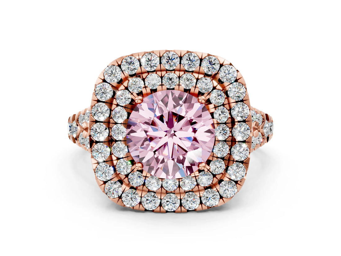 Rose gold Double Halo Fancy Pink Round  Cut Pave Split Shank Prong Set Ring_15