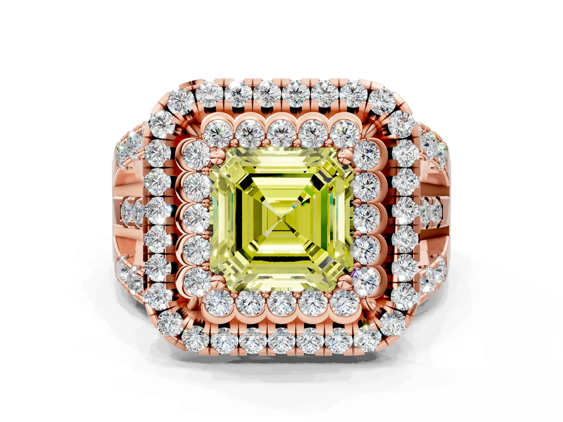 Rose gold Double Halo Fancy Yellow Asscher Cut Diamond Split Shank Pave Set Ring_3