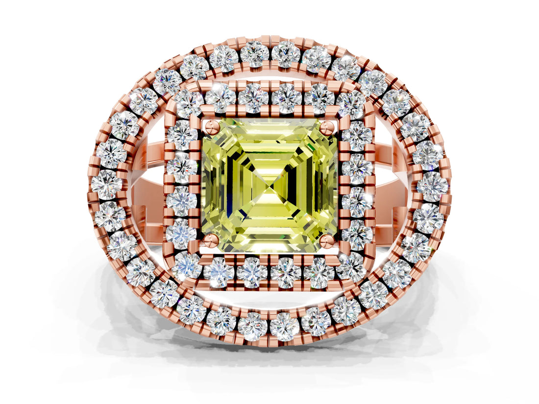 Rose gold Double Halo Fancy Yellow Asscher Cut Diamond Split Shank Prong Setting Ring