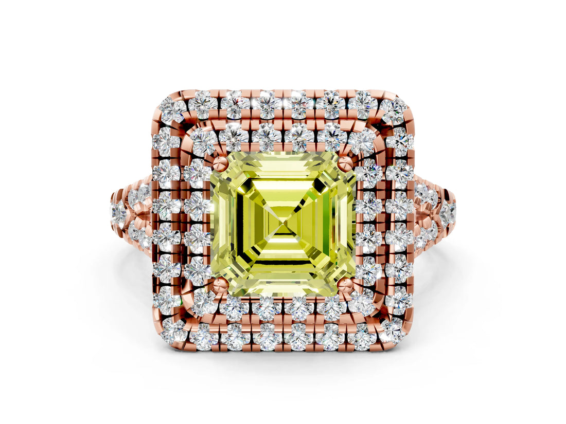 Rose gold Double Halo Fancy Yellow Asscher  Cut Pave Split Shank Prong Set Ring_15