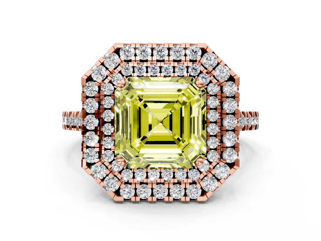 Rose gold Double Halo Fancy Yellow Asscher  Diamond Pave Band with Four-Prong Setting