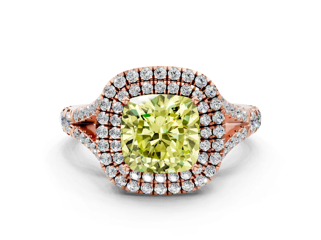 Rose gold Double Halo Fancy Yellow Cushion -Shaped Split Shank Diamond Ring with Prong Setting_15