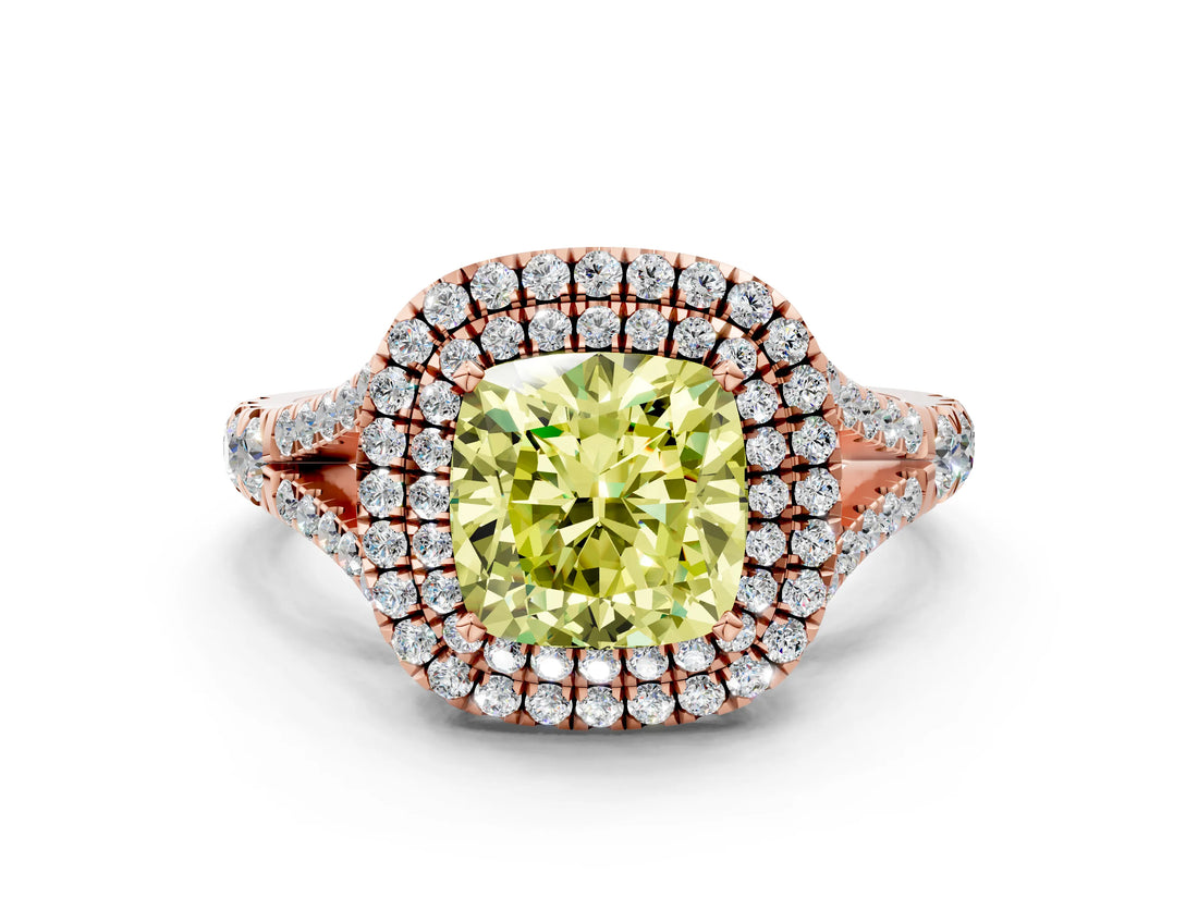 Rose gold Double Halo Fancy Yellow Cushion Cut Diamond Split Shank Engagement Ring with Four-Prong Setting_3