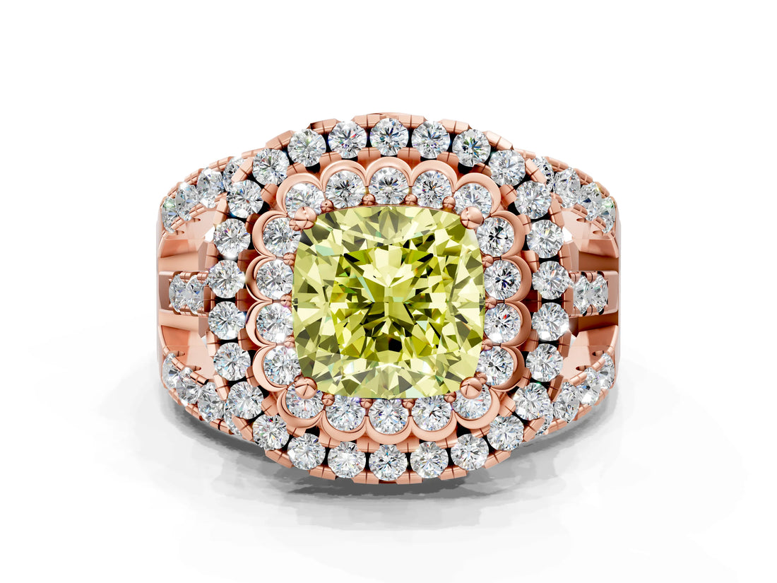 Rose gold Double Halo Fancy Yellow Cushion Cut Diamond Split Shank Pave Set Ring_3