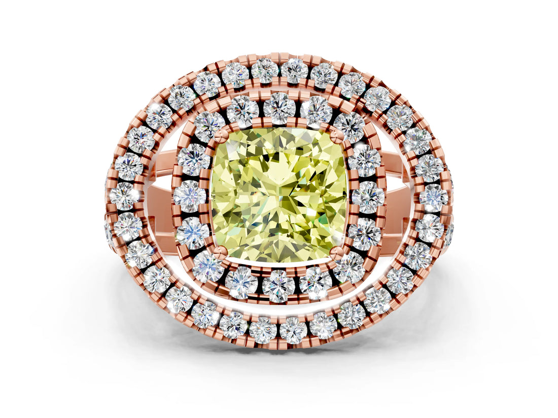 Rose gold Double Halo Fancy Yellow Cushion Cut Diamond Split Shank Prong Setting Ring