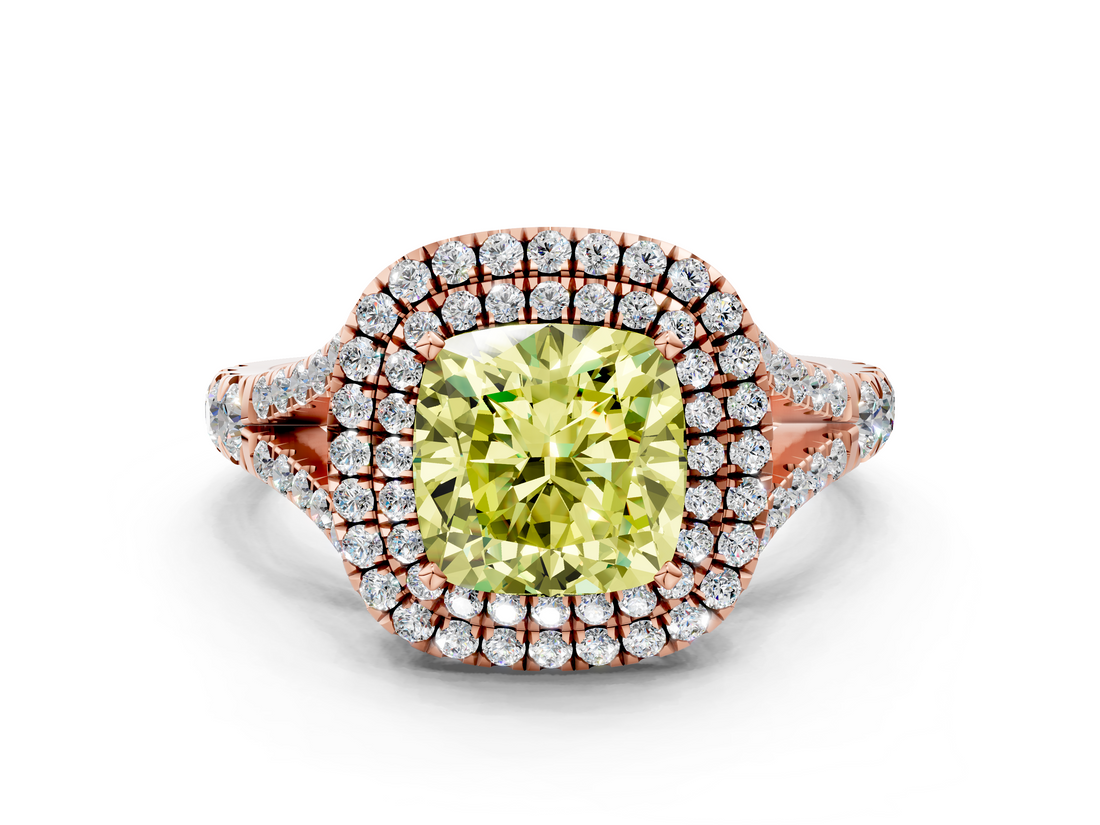 Rose gold Double Halo Fancy Yellow Cushion  Cut Diamond Split Shank Ring with Four Prong Setting_20