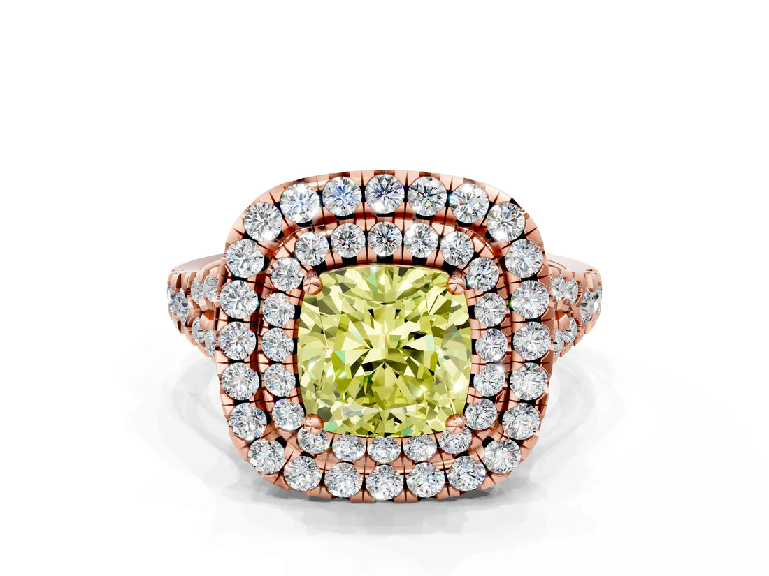 Rose gold Double Halo Fancy Yellow Cushion  Cut Pave Split Shank Prong Set Ring_15