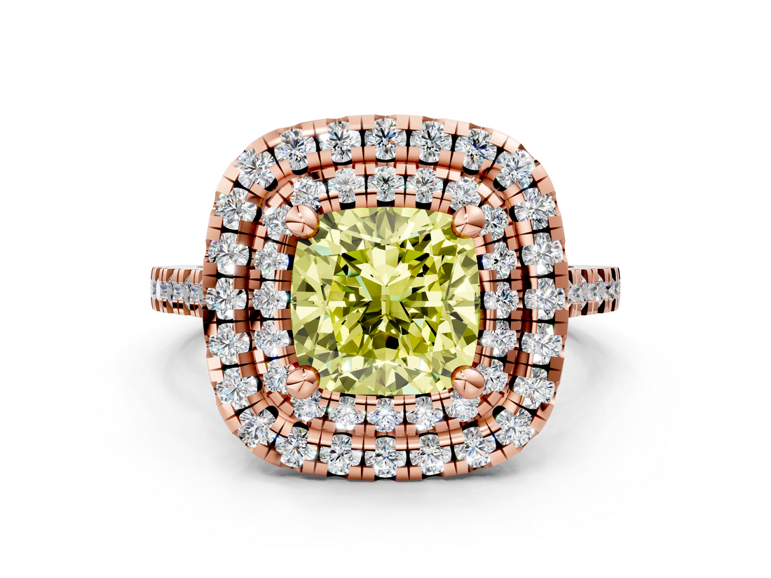Rose gold Double Halo Fancy Yellow Cushion  Diamond Pave Band with Four-Prong Setting_44