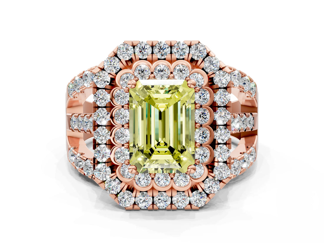 Rose gold Double Halo Fancy Yellow Emerald Cut Diamond Split Shank Pave Set Ring_3
