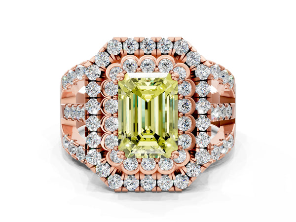 Rose Gold Emerald Cut Scalloped Double Halo Engagement Ring Setting for Fancy Yellow Center