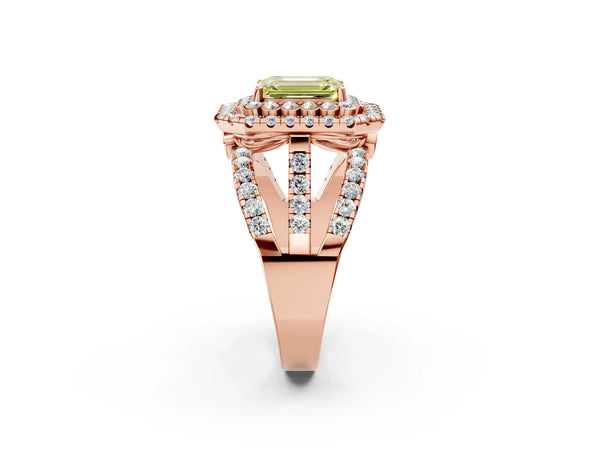 Rose Gold Emerald Cut Scalloped Double Halo Engagement Ring Setting for Fancy Yellow Center