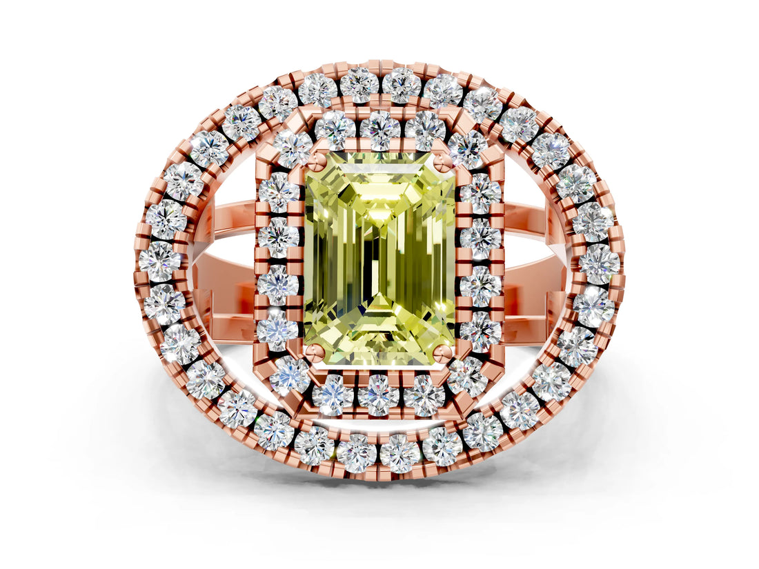 Rose gold Double Halo Fancy Yellow Emerald Cut Diamond Split Shank Prong Setting Ring