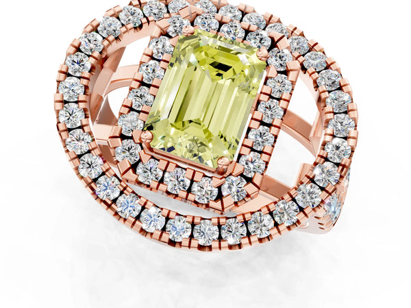 Rose Gold Emerald Cut Halo Engagement Ring Setting for Fancy Yellow Center - Design RJ-762