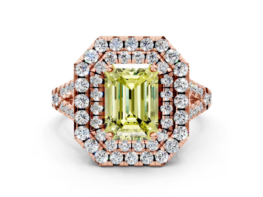 Rose gold Double Halo Fancy Yellow Emerald  Cut Pave Split Shank Prong Set Ring_15