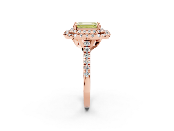 Rose gold Double Halo Fancy Yellow Emerald Cut Diamond Pavé Band with Four-Prong Setting