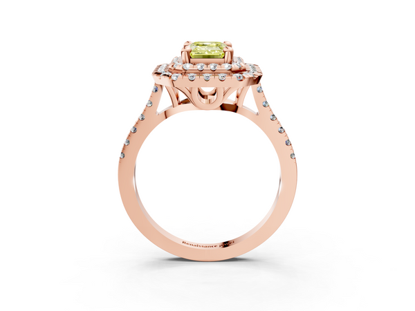 Rose gold Double Halo Fancy Yellow Emerald Cut Diamond Pavé Band with Four-Prong Setting