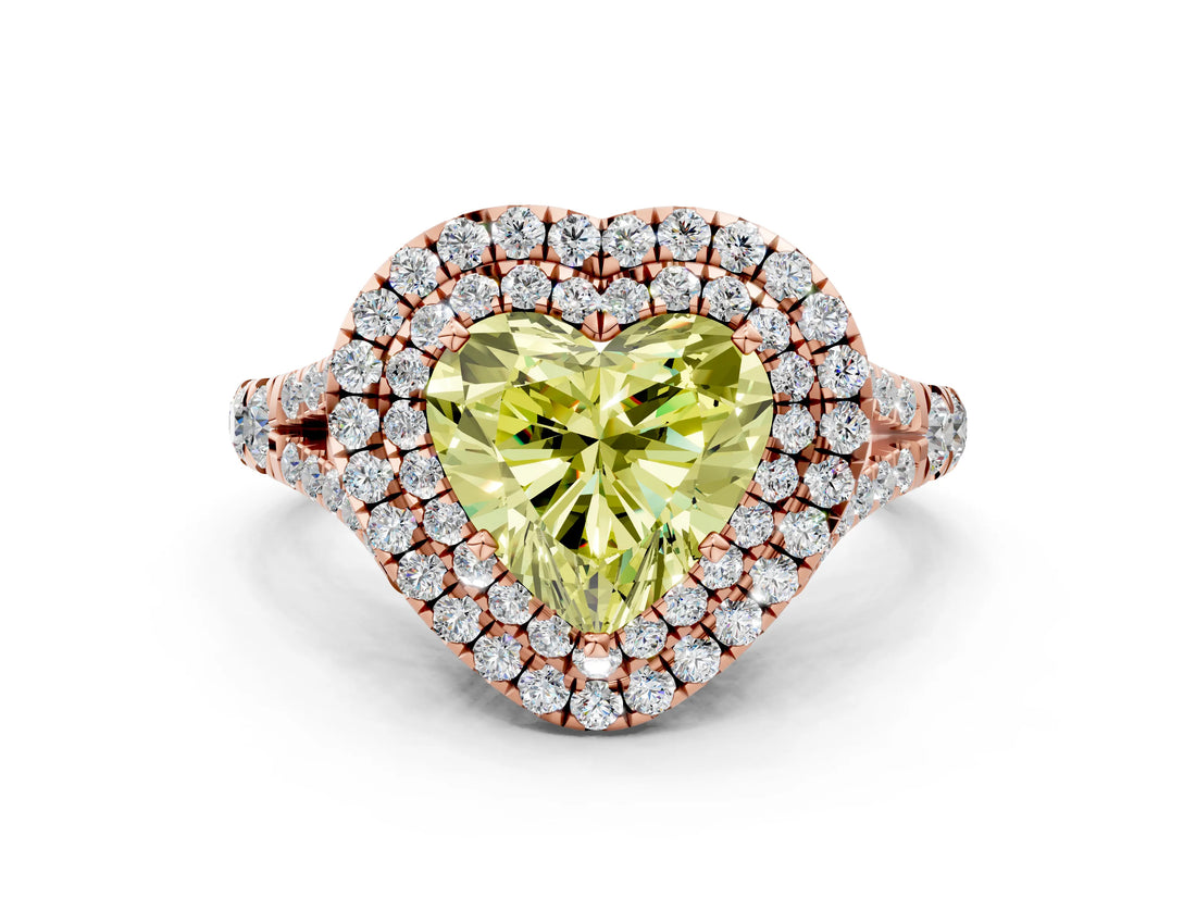 Rose gold Double Halo Fancy Yellow Heart -Shaped Split Shank Diamond Ring with Prong Setting_15