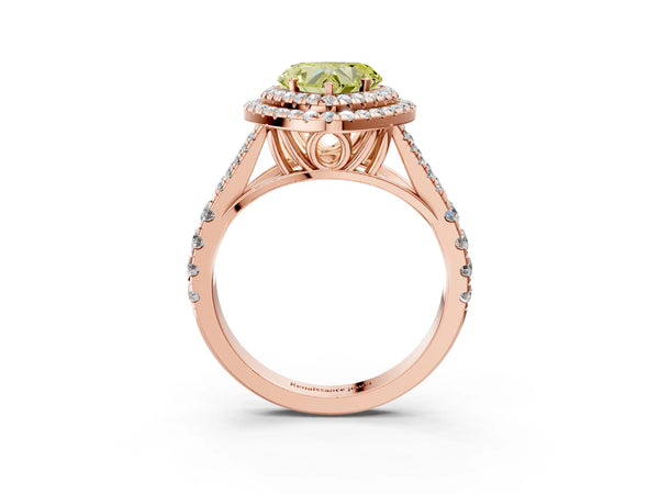 Rose gold Fancy Yellow Heart Cut Diamond Double Halo Ring with Split Shank and Prong Setting