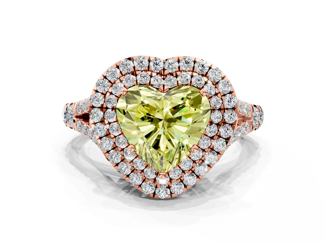 Rose gold Double Halo Fancy Yellow Heart Cut Diamond Split Shank Engagement Ring with Four-Prong Setting_3