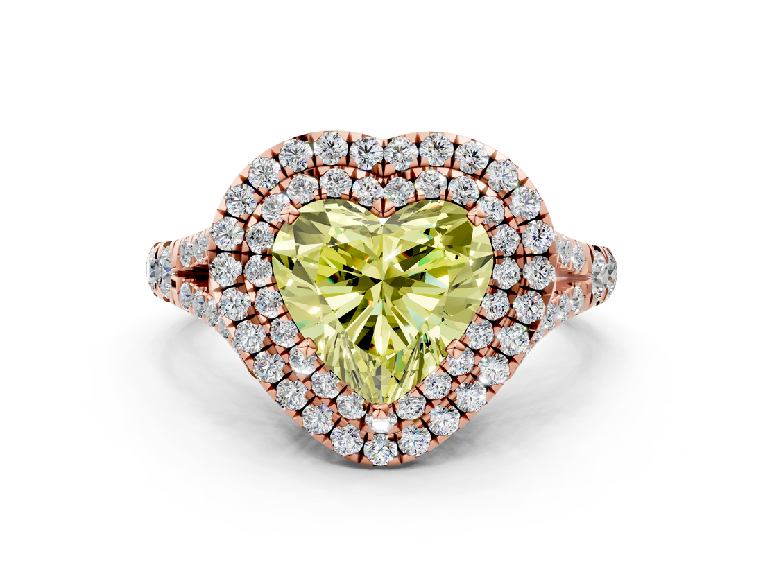Rose gold Double Halo Fancy Yellow Heart  Cut Diamond Split Shank Ring with Four Prong Setting_20