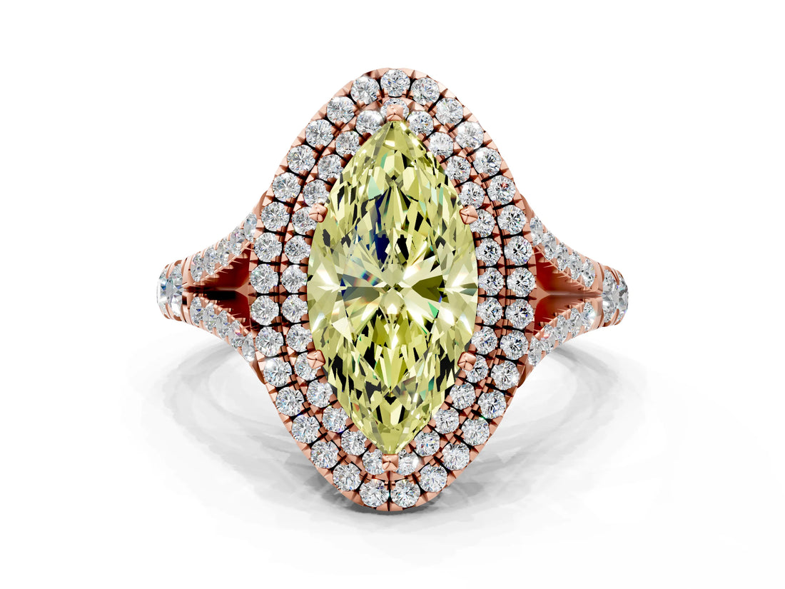 Rose gold Double Halo Fancy Yellow Marquise -Shaped Split Shank Diamond Ring with Prong Setting_15