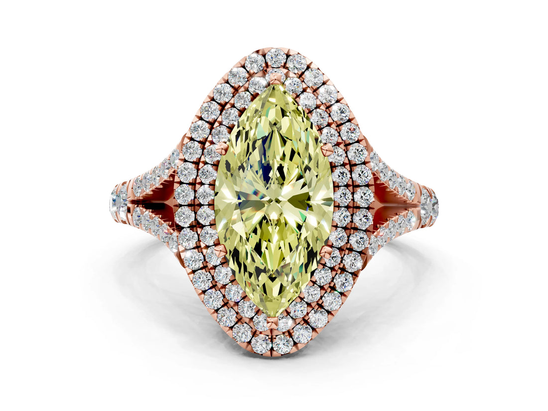 Rose gold Double Halo Fancy Yellow Marquise Cut Diamond Split Shank Engagement Ring with Four-Prong Setting_3