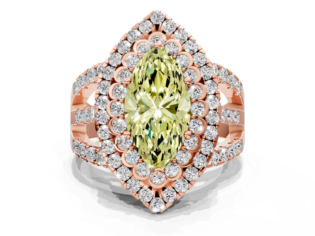 Rose gold Double Halo Fancy Yellow Marquise Cut Diamond Split Shank Pave Set Ring_3