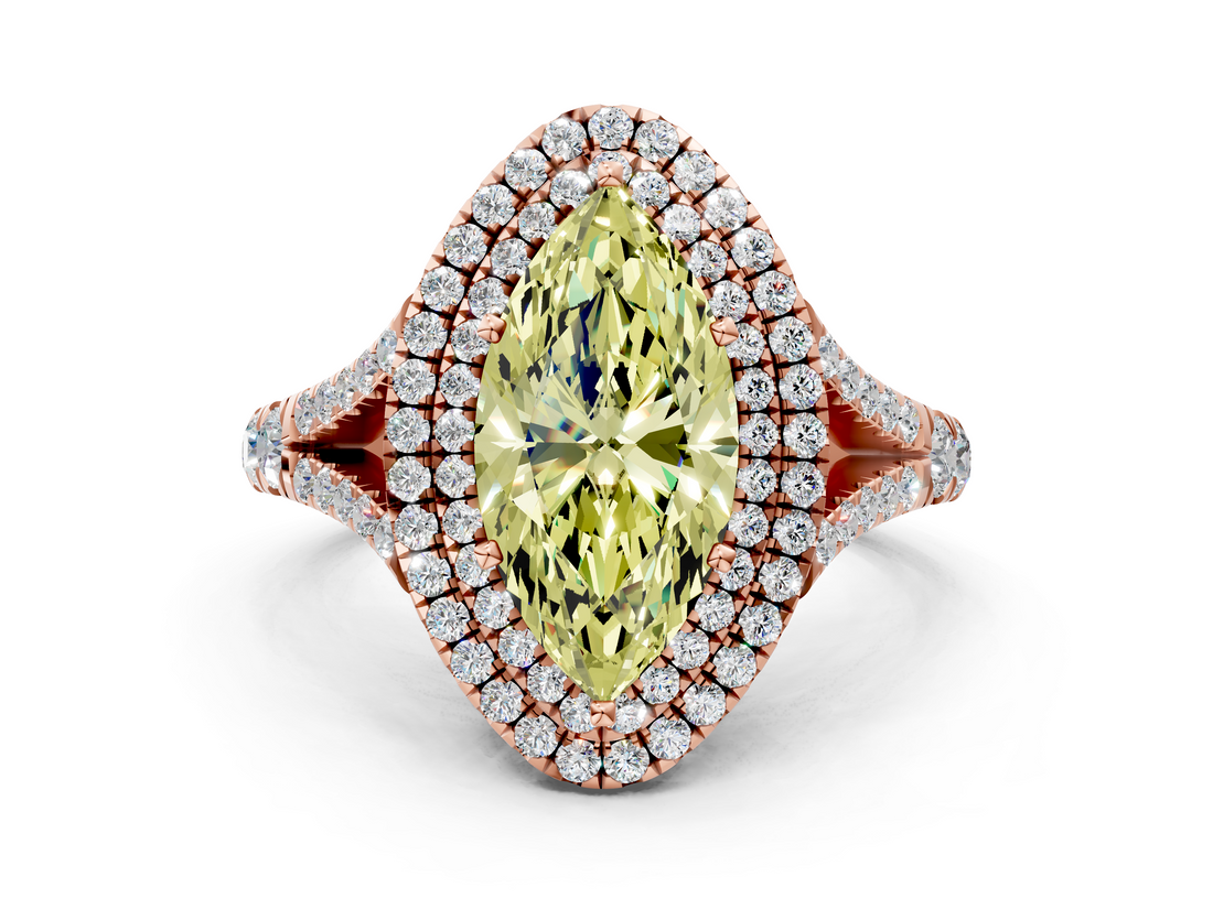Rose gold Double Halo Fancy Yellow Marquise  Cut Diamond Split Shank Ring with Four Prong Setting