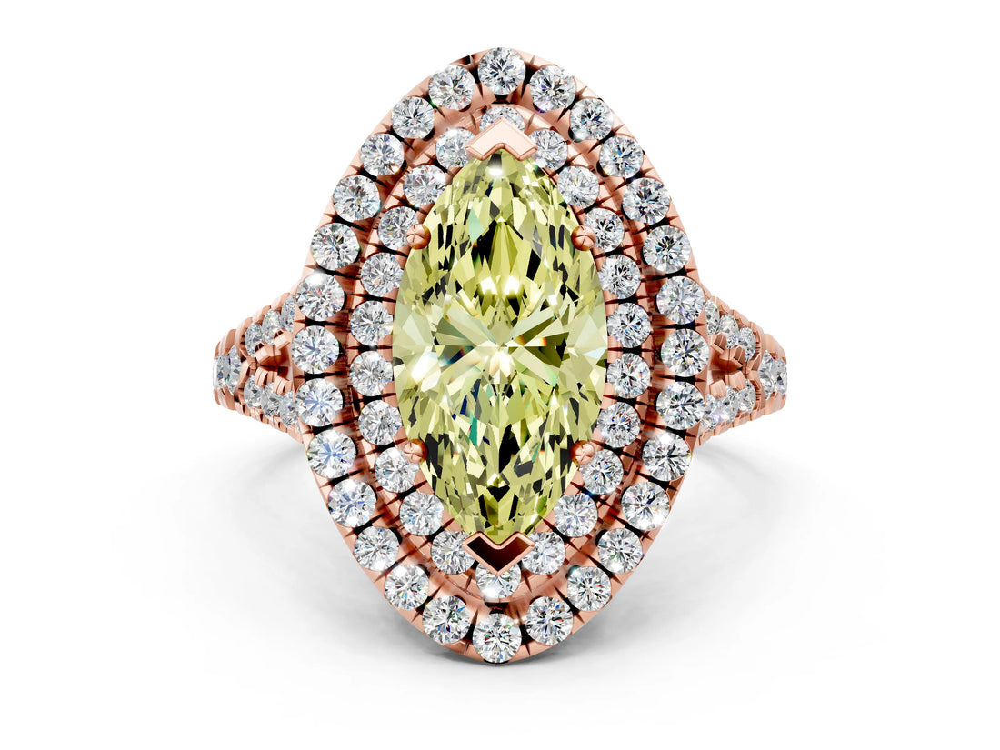 Rose gold Double Halo Fancy Yellow Marquise  Cut Pave Split Shank Prong Set Ring_15