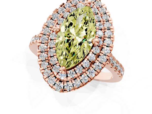 Rose gold Double Halo Fancy Yellow Marquise Cut Diamond Pavé Band with Four-Prong Setting