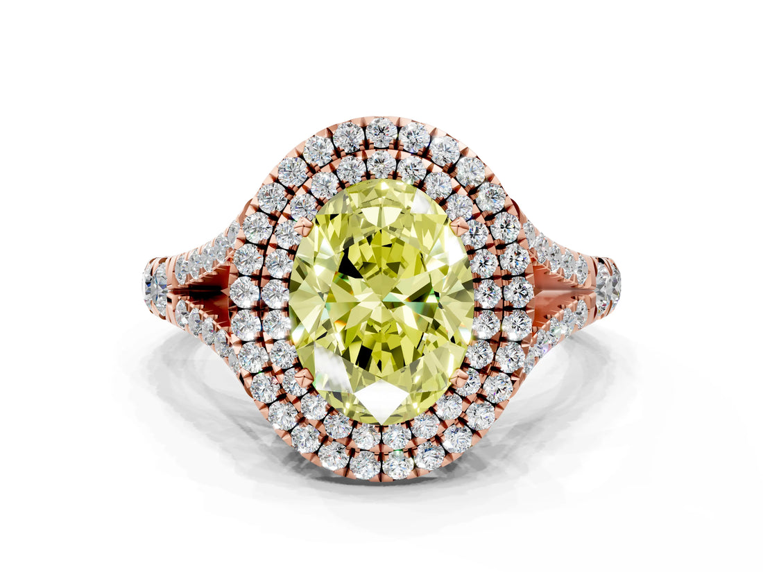 Rose gold Double Halo Fancy Yellow Oval Cut Diamond Split Shank Engagement Ring with Four-Prong Setting_3