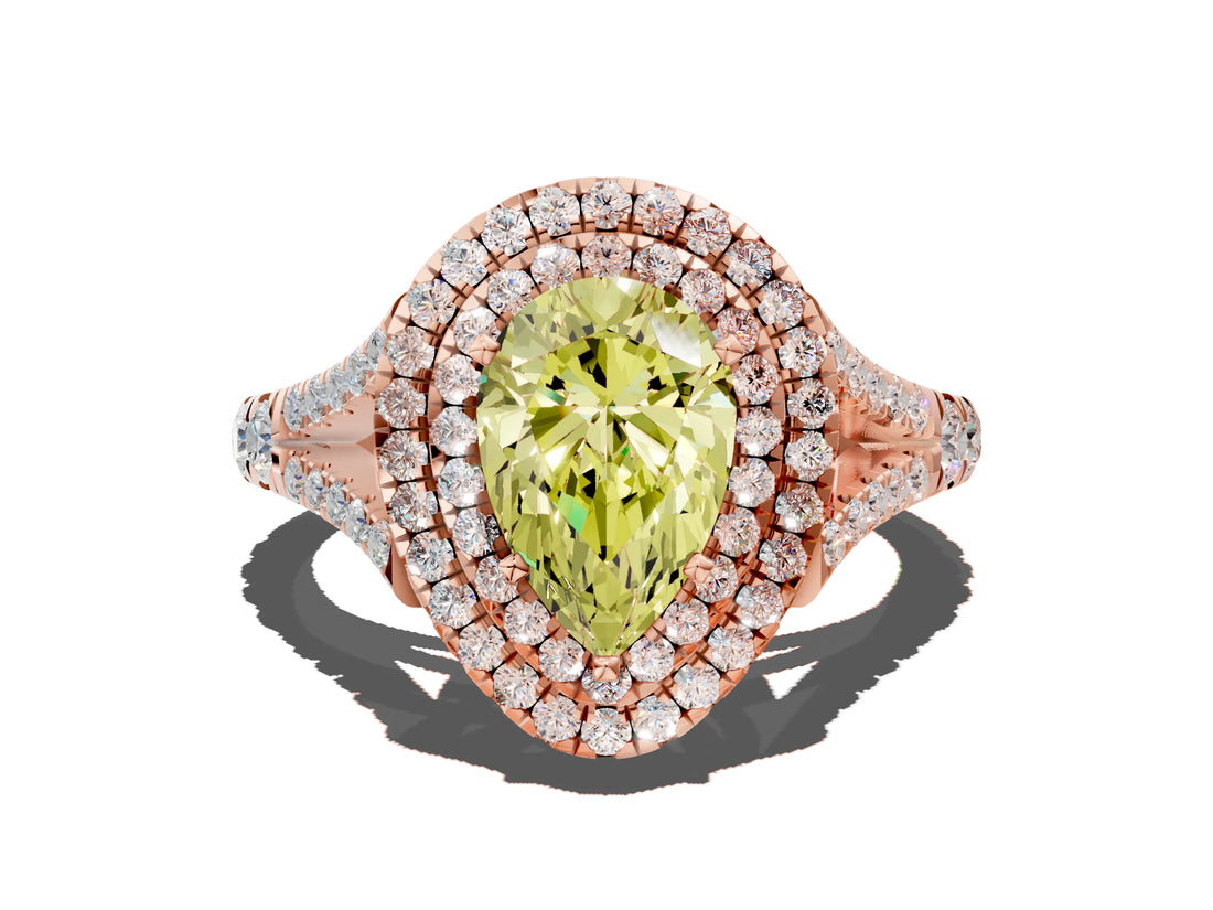 Rose gold Double Halo Fancy Yellow Pear Cut Diamond Split Shank Engagement Ring with Four-Prong Setting_3