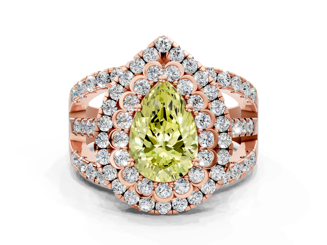 Rose gold Double Halo Fancy Yellow Pear Cut Diamond Split Shank Pave Set Ring_3