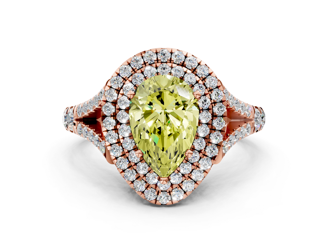Rose gold Double Halo Fancy Yellow Pear  Cut Diamond Split Shank Ring with Four Prong Setting_19