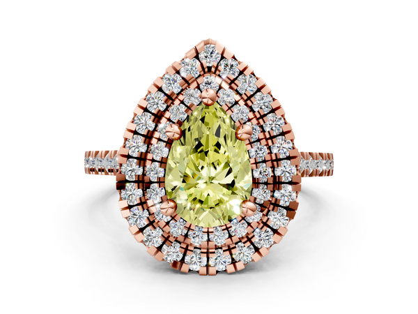 Rose gold Double Halo Fancy Yellow Pear Cut Diamond Pavé Band with Four-Prong Setting