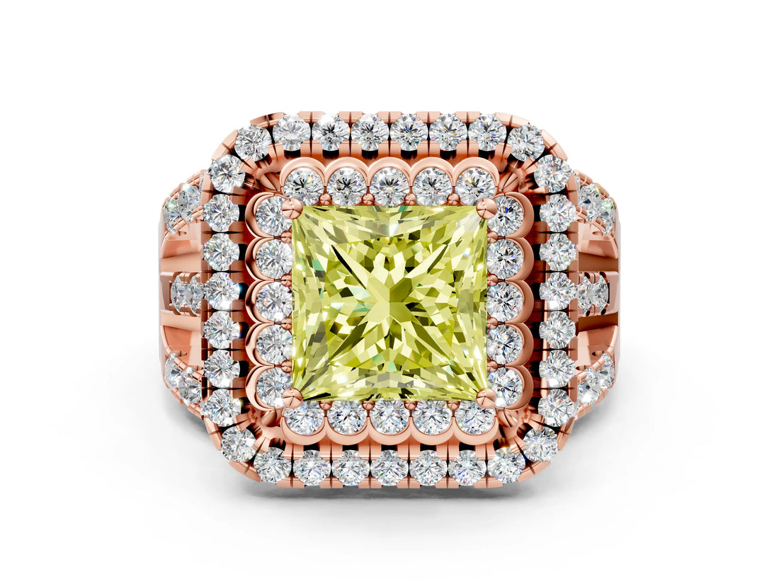Rose gold Double Halo Fancy Yellow Princess Cut Diamond Split Shank Pave Set Ring_3